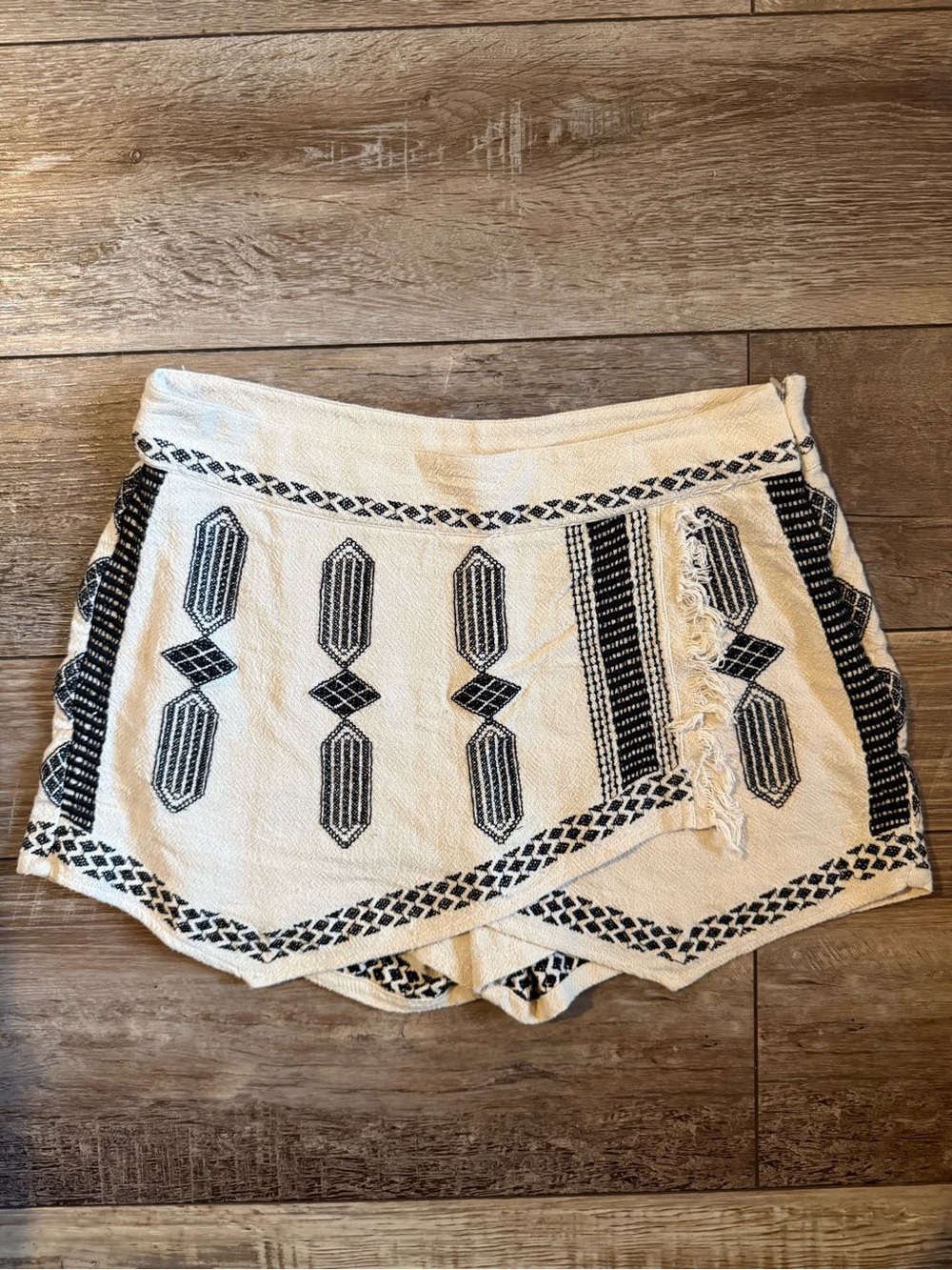 Free People Cream and Black Embroidered Wrap-Front Women’s Shorts